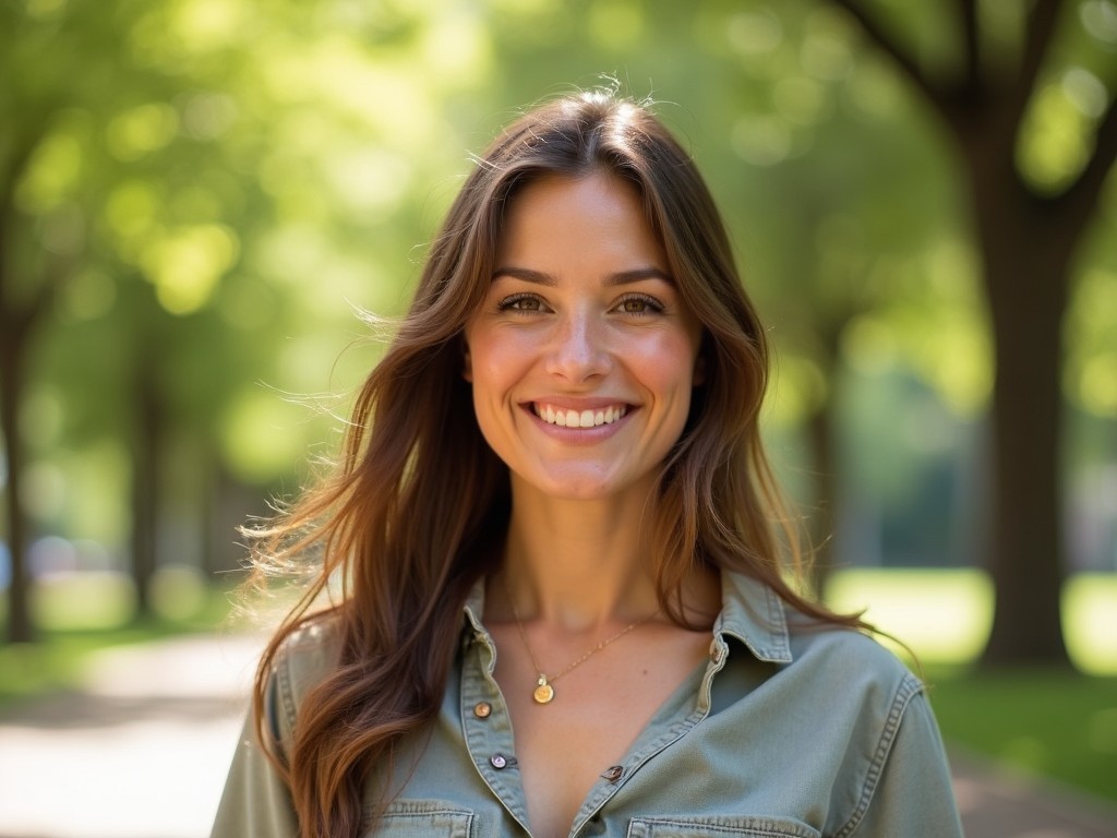 a woman smiling outdoors with trees in the background