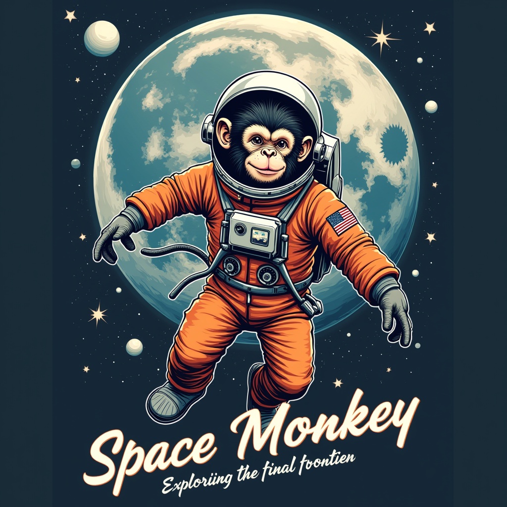 T-shirt design features a monkey dressed in an astronaut suit. The monkey floats in space with a moon in the background. The design incorporates artistic details such as stars and polar imagery. There is text that reads 'Space Monkey: Exploring the final frontier'.