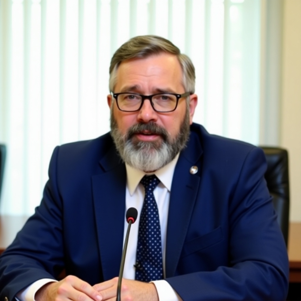 Image of a man seated at a table. He has a beard and mustache. The man wears a blue suit, a white shirt, and a dotted tie. He speaks into a microphone. Bright background with vertical blinds. Glasses enhance his appearance.