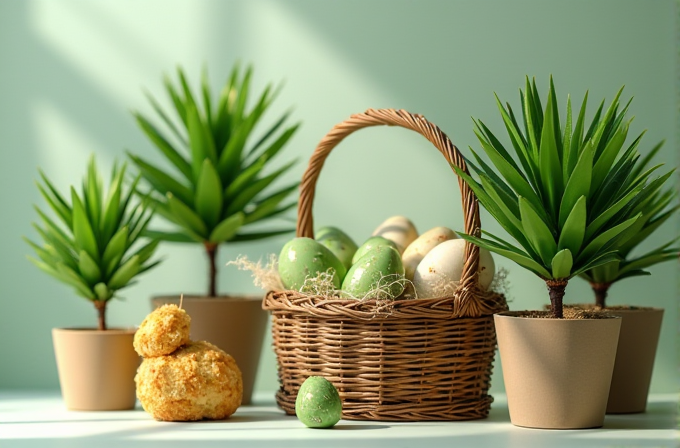 A wicker basket filled with green and white speckled Easter eggs is surrounded by lush potted plants and a small, fluffy yellow chick decoration.