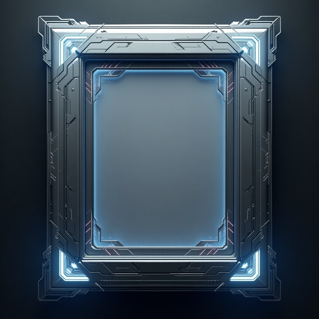 Futuristic AI card frame with illuminated edges and a sleek design. The frame has a symmetrical layout with neon lights and a dark background, creating a high-tech appearance.