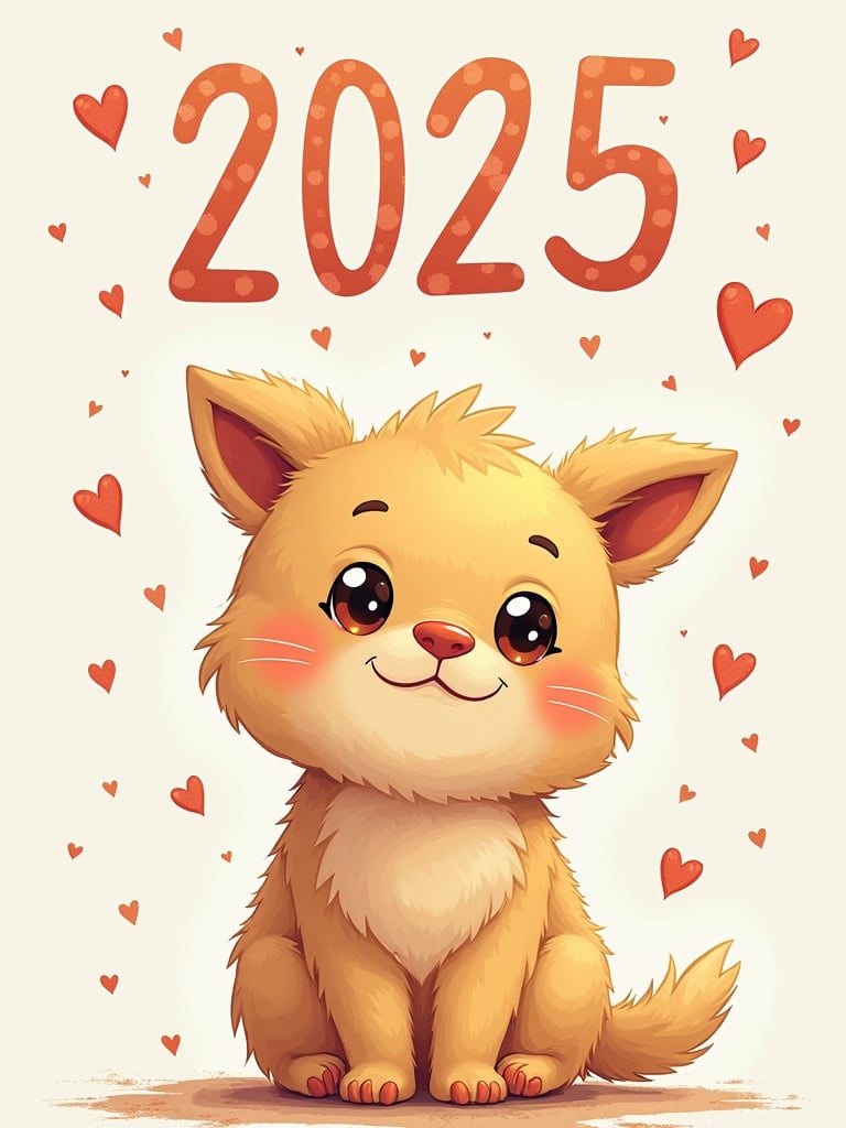 Cute dog character with a happy expression. The year 2025 displayed in bold letters. Background filled with hearts and festive elements. Bright and cheerful colors dominate the image.