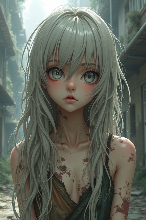 Teenage girl in anime style. Pale skin and long messy ash-blonde hair. Large gray eyes show confusion and fear. Tattered clothing. Slightly slumped posture in a post-apocalyptic setting with soft lighting.