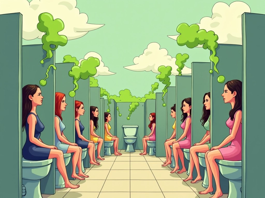 This surreal illustration depicts a row of women seated on toilets in a restroom, dressed in colorful dresses. The ceiling is adorned with floating green plant-like forms that appear to emerge from the walls, creating an otherworldly atmosphere. The symmetry and uniformity of the scene evoke a sense of repetition and contemplation.