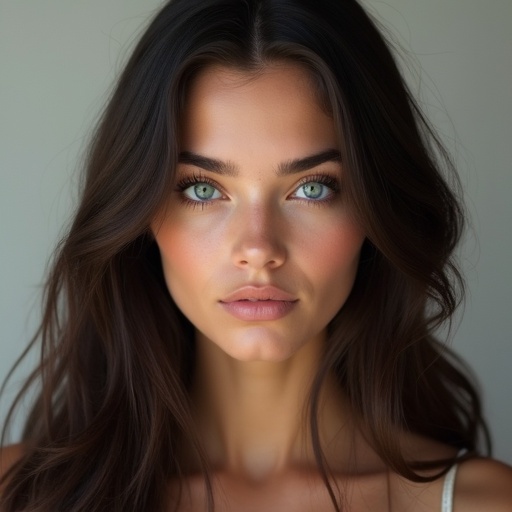 Photorealistic portrait of a beautiful young woman. She has long dark brown hair and striking blue eyes. Soft neutral studio lighting is used. Shot against a neutral background. Features a symmetrical face and symmetrical eyes.