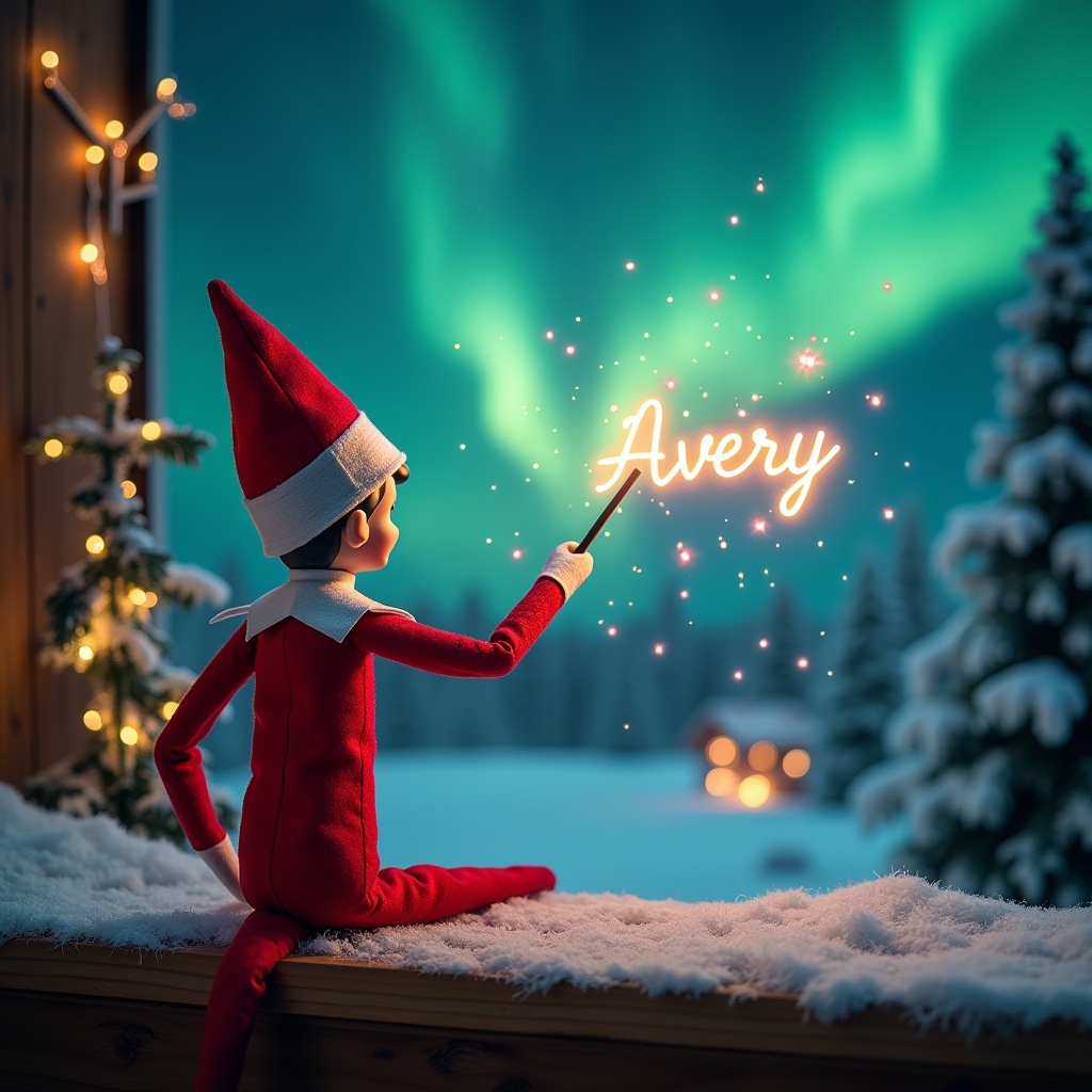 An enchanting Christmas scene featuring an elf on the shelf, who is facing the sky with his back to the viewer. The elf, dressed in red and white, wields a magic wand, writing 'Layne, Avery' in a glowing script above him. The backdrop is adorned with vibrant northern lights, adding a magical ambiance. The scene is festive, portraying the spirit of Christmas with a whimsical twist. The elf's position and action create a sense of wonder and excitement that captures the joy of the holiday season.