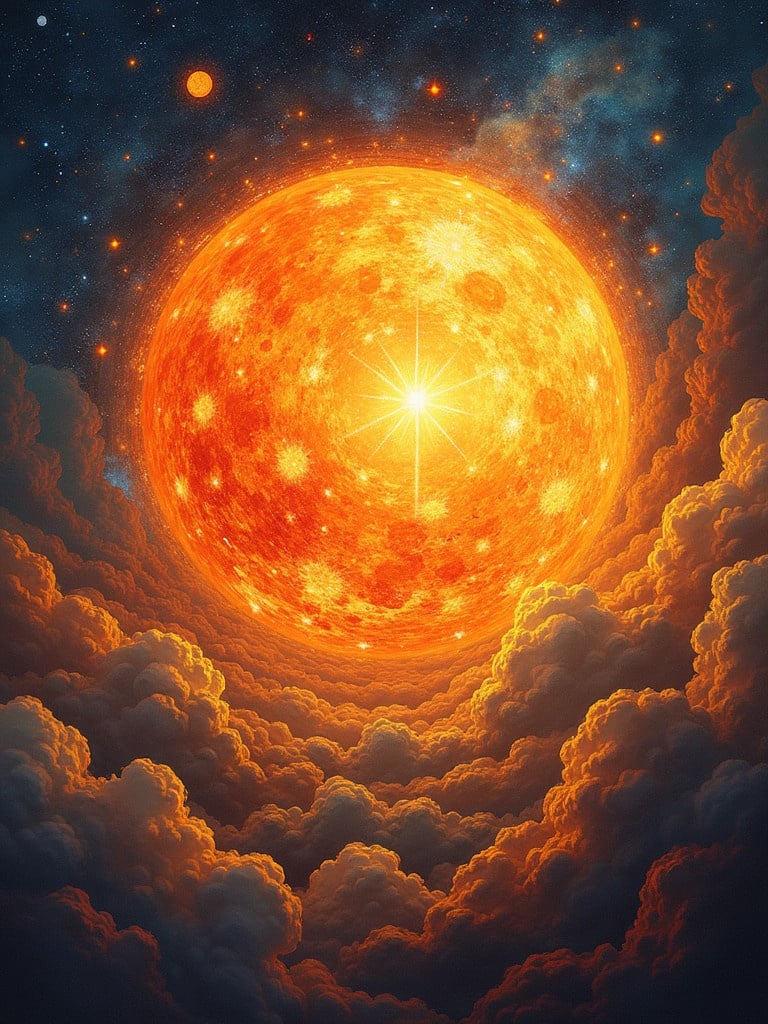 Huge spherical sun glowing in a colorful starry sky. Bright orange and yellow flames radiate from the sun. Clouds surround the sun creating a dramatic effect. Inspired by Van Gogh's artistic style.