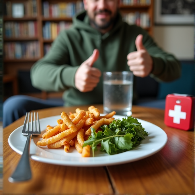 A plate of crinkle-cut fries and greens is on a table; a person in the background is giving a thumbs-up.