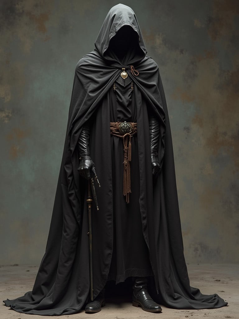 A figure in a dark long cloak stands in the center. Cloak covers entire body with hood up. Black gloves complement the outfit. Featured is a belt with a decorative buckle. The pose is confident and enigmatic.