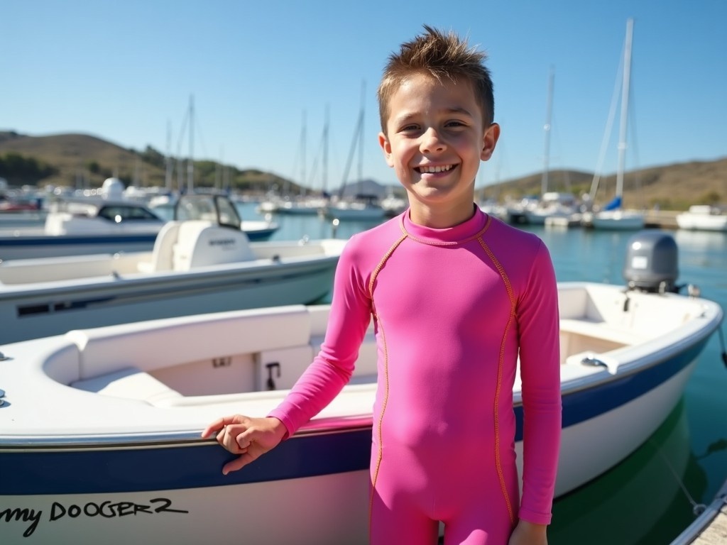 This image captures the joy of summer at a marina with a young boy. He is wearing a long-sleeve pink one-piece swimsuit, standing next to a boat named Jammy Dodger 2. The background is filled with several boats, under a clear blue sky. The boy is smiling, showcasing the happiness of outdoor activities. Gentle hills can be seen in the distance, enhancing the vibrant scene. It perfectly embodies summer fun and child-friendly adventures.