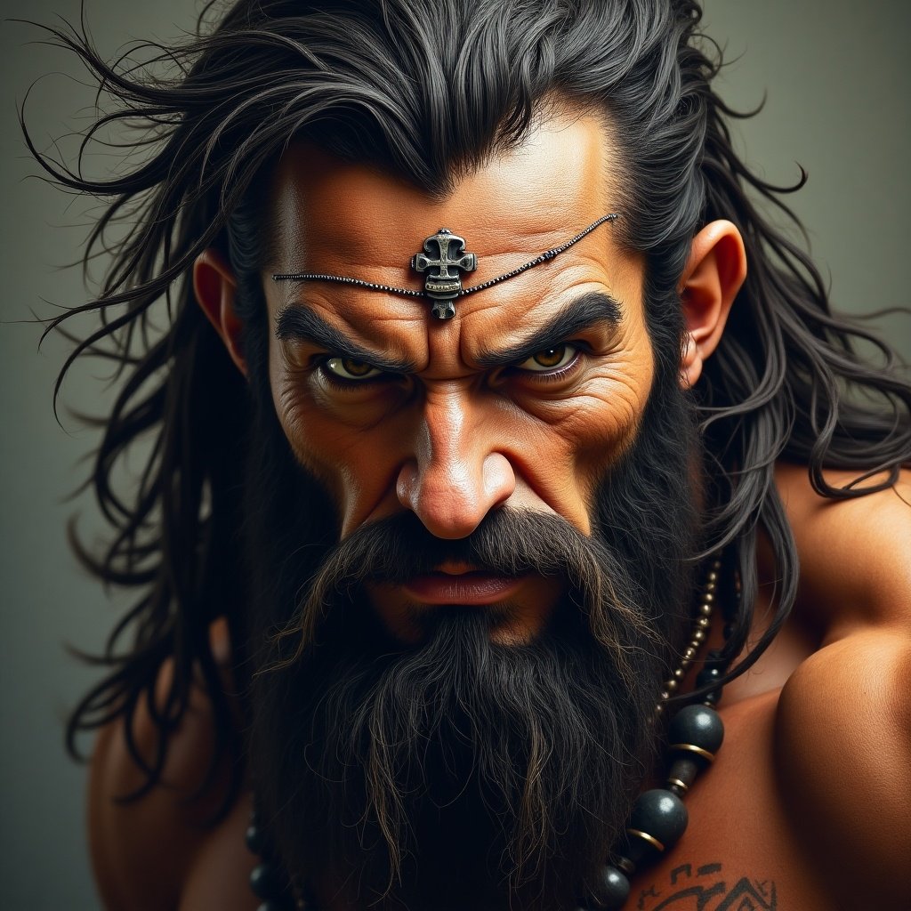 Portrait of a barbarian warrior with a strong face and intense expression. Long hair and beard highlight masculine features. Accessories include a decorative headpiece and beads.