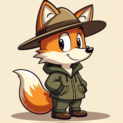 Cute fox character dressed as park ranger. Character wears park ranger hat and hoodie. No background included.