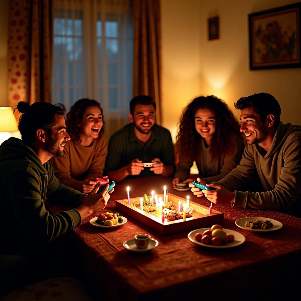 Gathering on Yalda night with friends playing video games and enjoying traditional food.