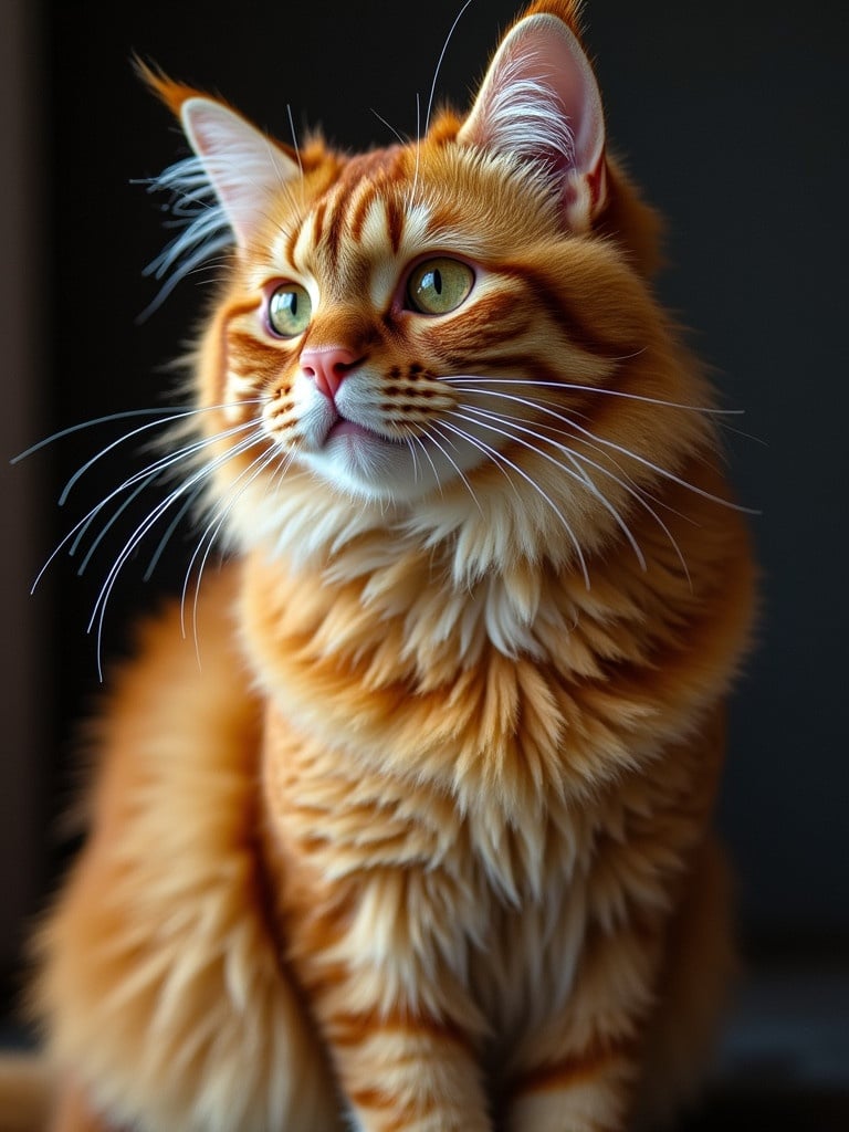 Siberian cat with beautiful brown colors featuring golden fur. Cat is positioned in a soft light setting. Its fur is fluffy and well-groomed. Profile view shows its expressive green eyes and prominent whiskers.