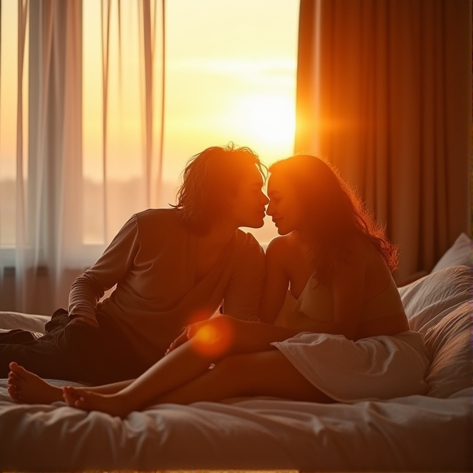 A couple shares an intimate moment on a bed as the warm glow of the sunset fills the room.