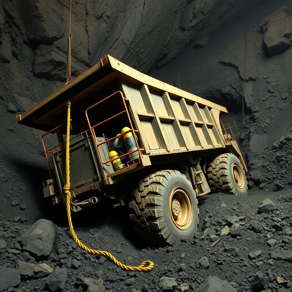 A weathered industrial dump truck sits in a dimly lit, rocky underground cavern, with a thick rope draped over its side.