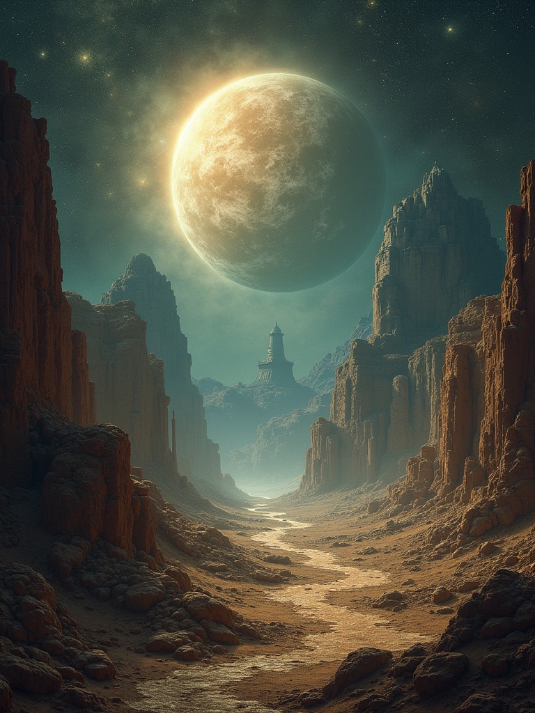 Imaginary portrayal of an ancient alien civilization in a dramatic landscape. A large moon illuminates the scene. Rugged mountains border a winding pathway through the valley.