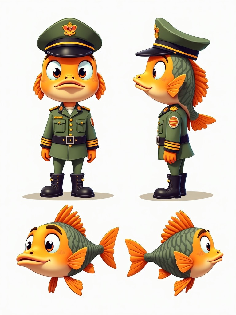 Different angles of a cartoon army fish character in colorful uniform. The fish looks serious and is depicted from multiple perspectives. Fish has a joyful expression. The uniform includes military details and accessories. The character is vibrant and appealing to children.