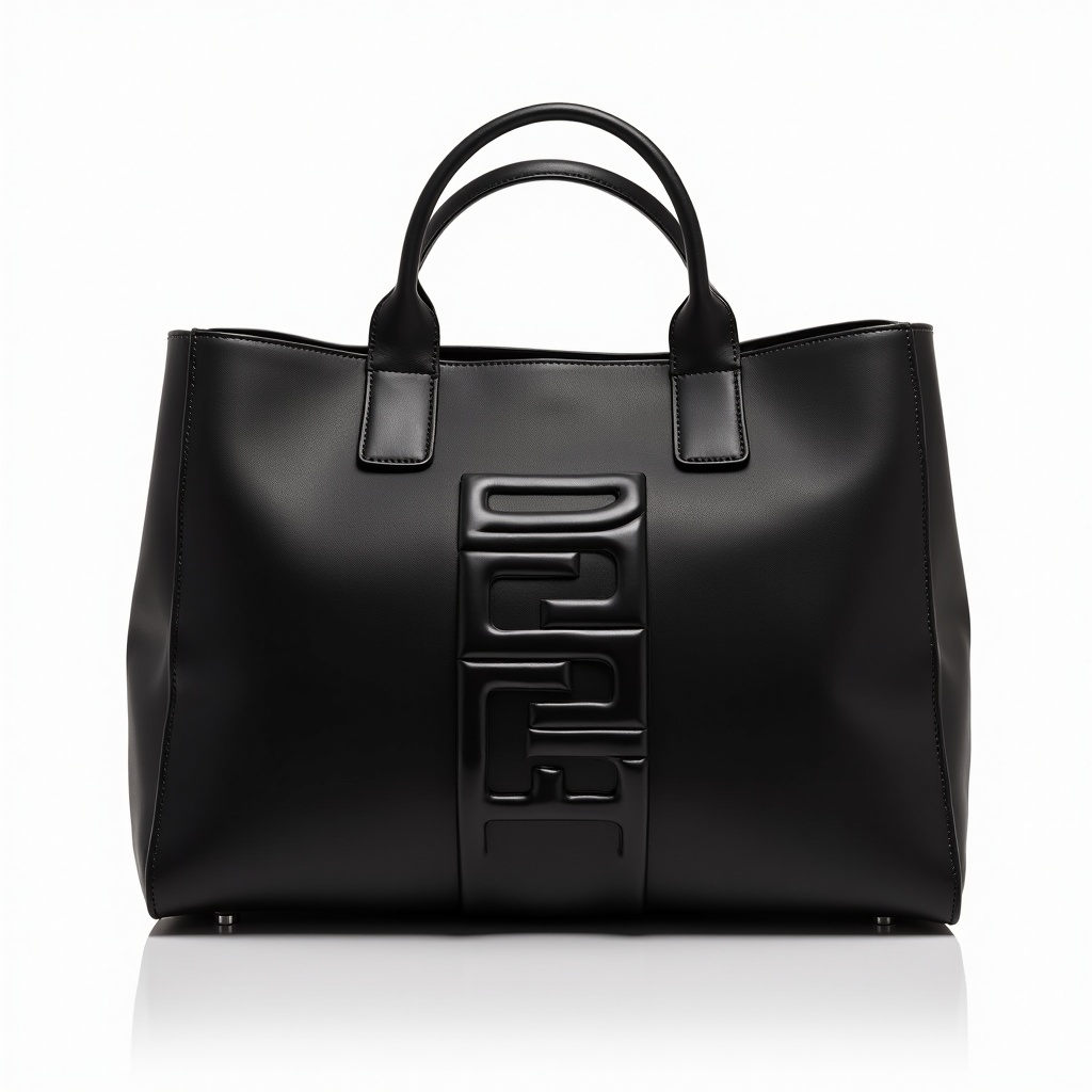 This image features an oversized black handbag from the haute couture brand FENDI. The bag has a sleek design with an embossed logo prominently displayed in the center. It's set against a clean white background, highlighting its elegance and modern appeal. The handbag is made from high-quality materials, showcasing craftsmanship. Its stylish appearance makes it perfect for fashion enthusiasts and luxury shoppers.