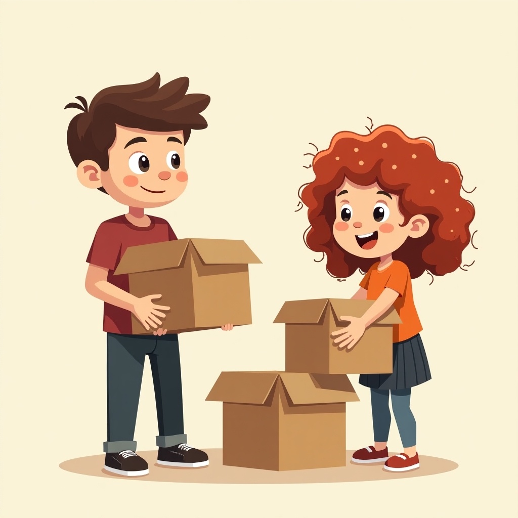 The image depicts a cheerful cartoon scene of a boy and a girl packing boxes together. The boy has brown hair and is wearing a red shirt, while the girl has red curly hair and is wearing an orange top. They are both smiling joyfully as they handle cardboard boxes, showing a sense of teamwork and collaboration. The background is simple and light in color, emphasizing their happy expressions and the act of packing. This scene captures the essence of childhood fun and cooperation in a playful manner.