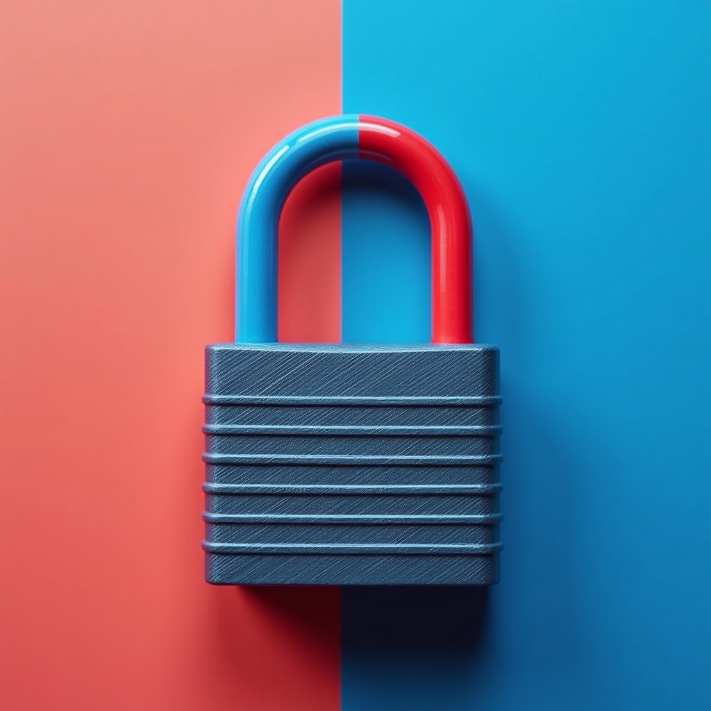 This image features a padlock with distinctive red and blue handles positioned against a similarly colored two-toned background. The padlock is strategically placed at the center, showcasing its modern design. The two colors are vibrant and contrasting, creating a visually appealing composition. Soft, even lighting highlights the textures of the padlock. The overall look is clean and minimalist, conveying a sense of security and style.