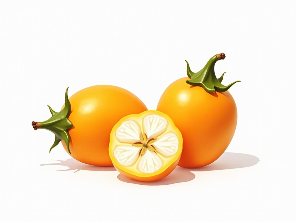 A digital illustration of vibrant yellow-orange fruits resembling oranges with leafy stems on a white background.