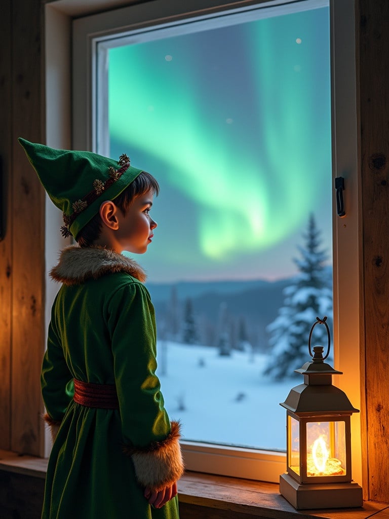 Image of an elf gazing at northern lights from a window. Winter setting with snowy landscape outside. Elf in green costume with pointed ears. Lantern beside her creating a warm glow. Magical atmosphere evokes Christmas joy.