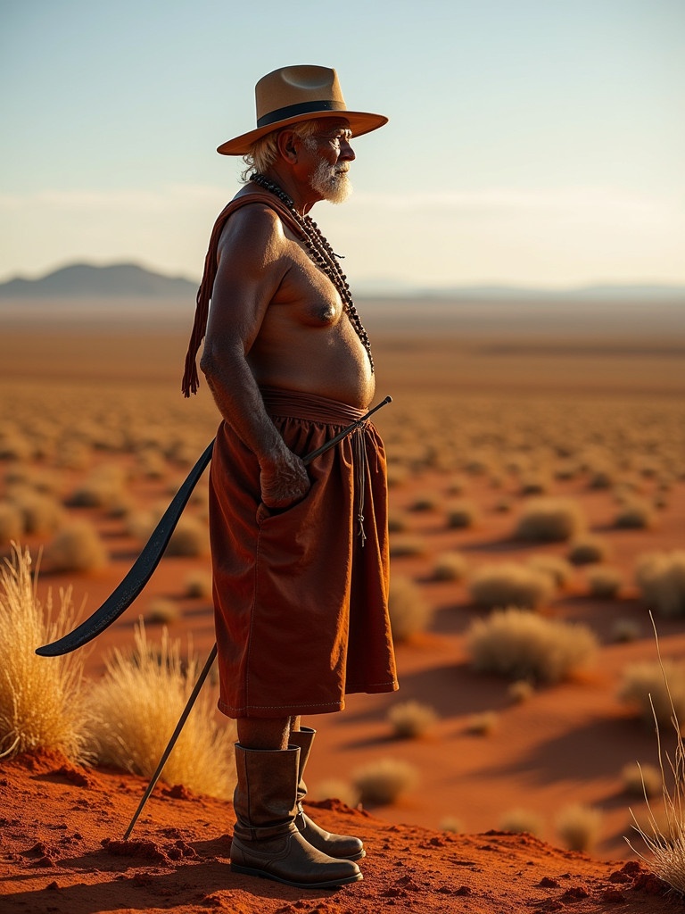 Weathered Aboriginal elder stands at the edge of a vast crimson-hued Australian desert. Worn leather boots and faded Akubra hat show rugged life. Rust-red dunes and spinifex grass surround him. Warm sunlight casts a golden glow on his skin. He gazes at the endless expanse. Traditional boomerang slung over his shoulder. Soft rustle of wind through the grasses is the only sound.