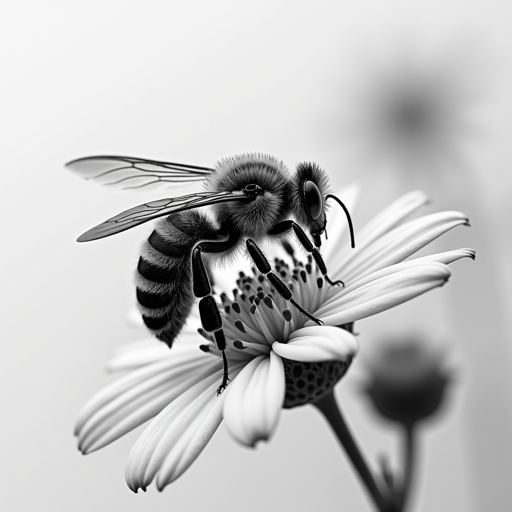 A close-up black and white image of a bee perched on a daisy flower, highlighting intricate textures and details against a soft blurred background.