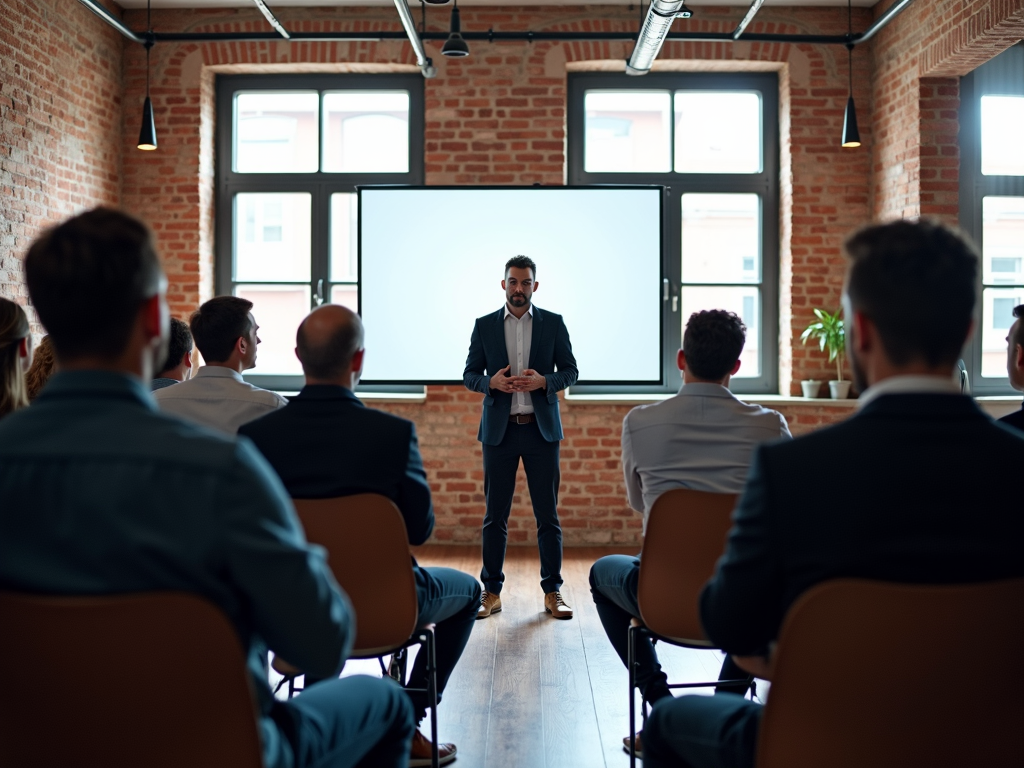 A man is giving a presentation to a group seated in a brick-walled room with large windows and a projection screen.