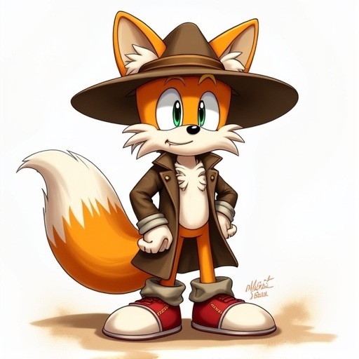 A cartoon fox character dressed in a large fedora hat and duster coat. The character has a cheerful expression and stands confidently with hands on hips. The setting is plain without any background.