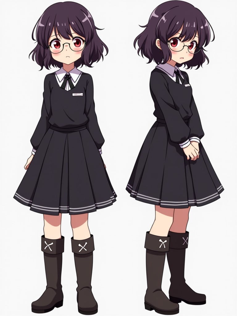 Anime style artwork of a teenage girl with short dark purple wavy hair with white streaks at the ends. She has red eyes and wears round glasses. The character is dressed in a black dress with long boots. The image shows the character in four poses. The expression is mildly annoyed.