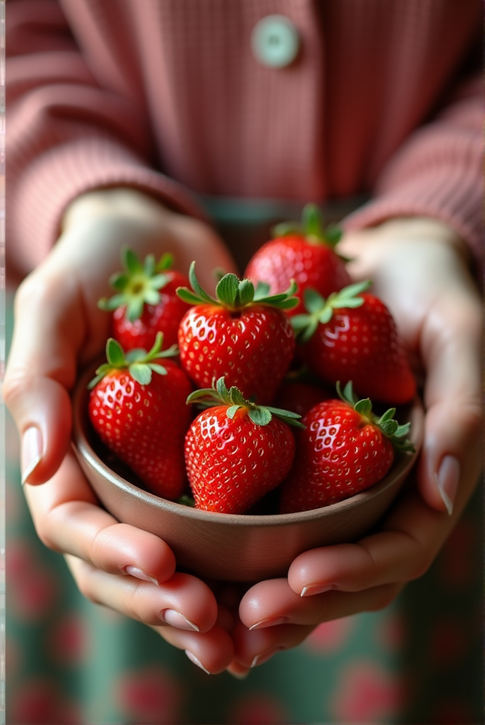 A person is holding a bowl filled with fresh strawberries.