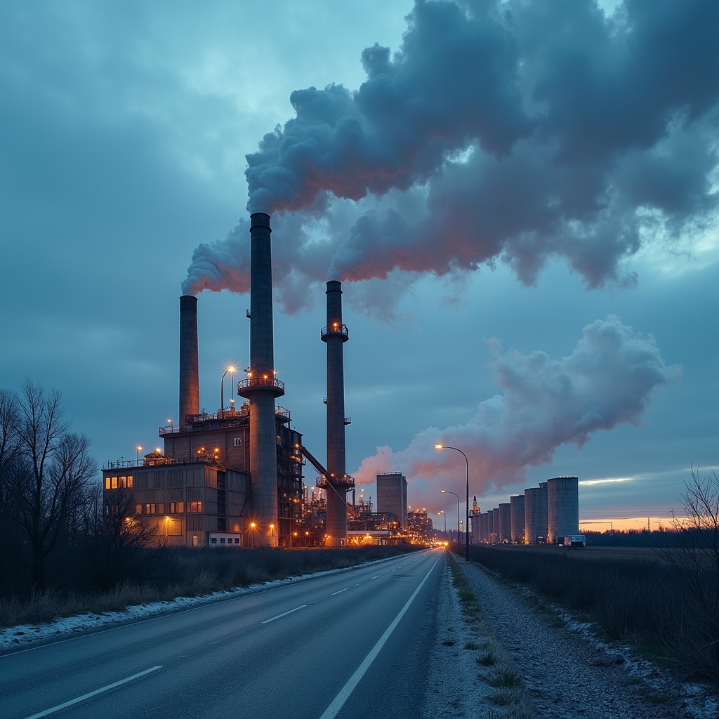 A road leads to a large industrial complex with chimneys emitting smoke against a dusky sky.