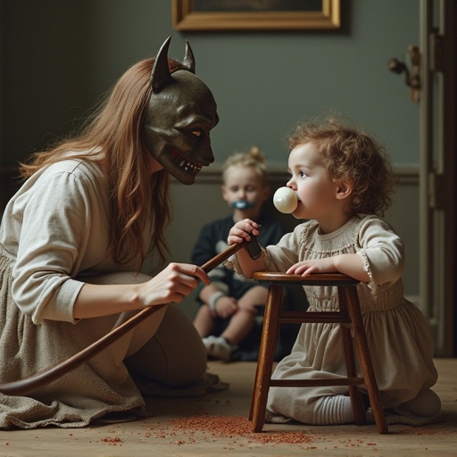 A playful scene with a mother and her kids. A young girl lies her head on a stool while her mother holds a toy axe above, pretending to chop. The girl has a huge pacifier. Two siblings are locked in a small cage waiting for their turn, also with pacifiers. The mother wears an executioner mask. The atmosphere is fun and lighthearted.