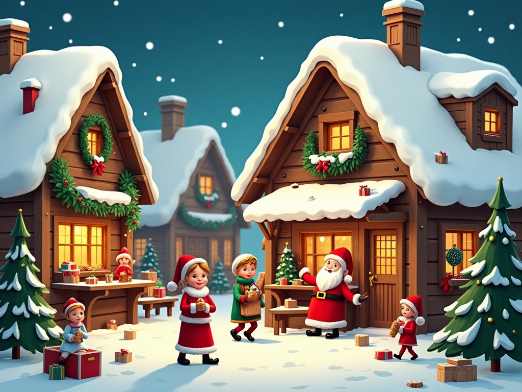 The image depicts a charming Christmas village scene. In the foreground, Santa Claus interacts joyfully with children. The children are bundled up in festive attire, holding gifts. Surrounding them are cozy wooden cabins adorned with wreaths and string lights. The snow falls gently, creating a magical winter atmosphere. The scene evokes feelings of warmth and festive cheer, ideal for the holiday season.