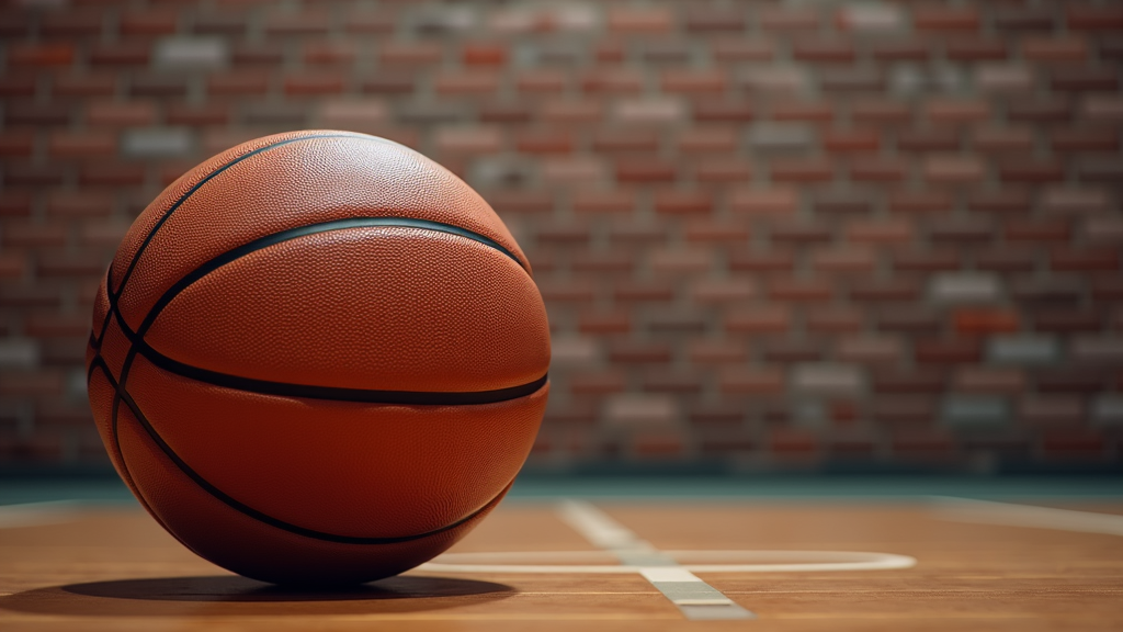 A basketball rests on a court with a brick wall in the background.