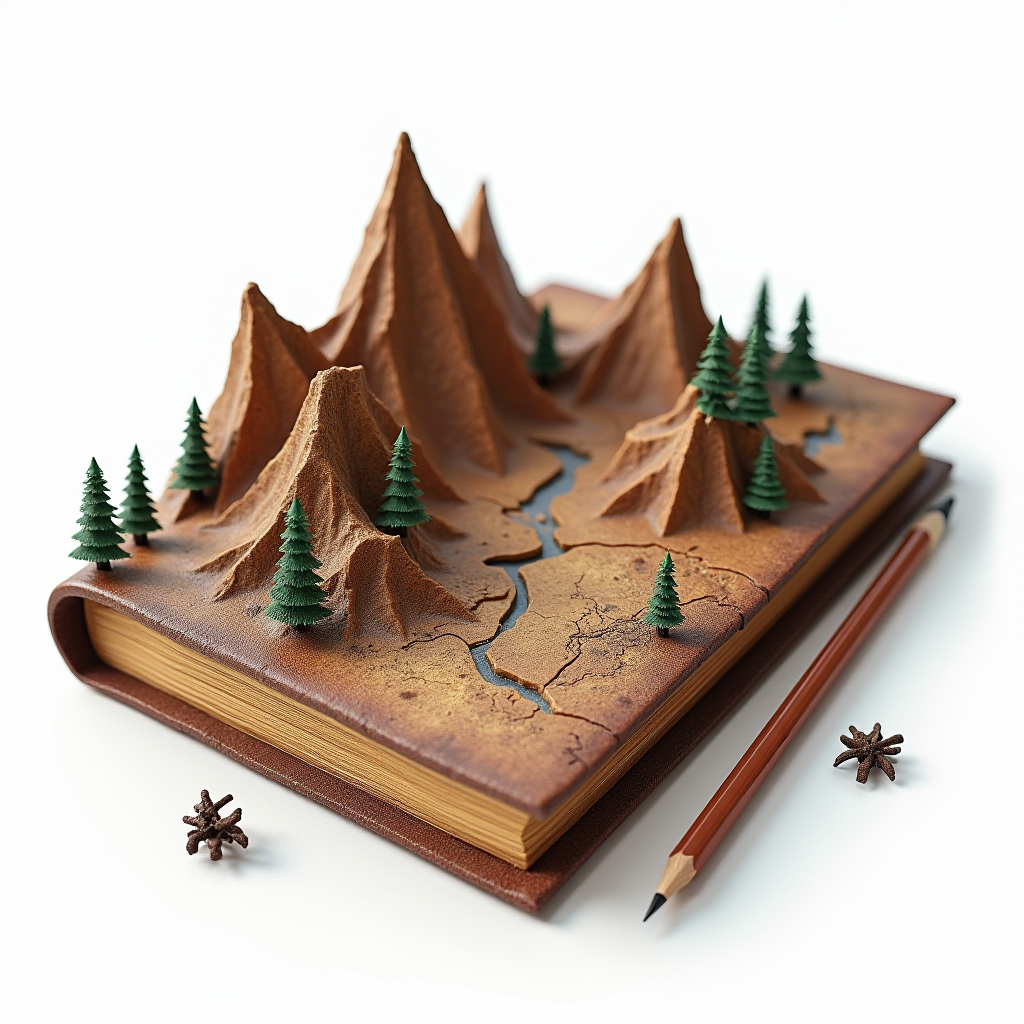 The image features a creatively designed book with a three-dimensional landscape on its cover. The landscape includes miniature mountain ranges and small green trees, as if a topographical map has come to life. The cover's surface appears cracked and textured, giving the effect of dried earth or a desert. Beside the book lies a brown pencil and two small objects resembling star anise or wooden decorations, enhancing the artistic and whimsical feel of the scene. The overall composition suggests a blend of literary and natural elements, inviting the viewer into a world of imagination and exploration.