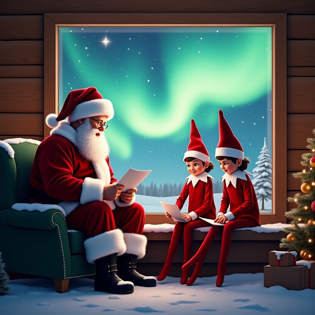 In a cozy cabin setting, Santa Claus is seated by a large window with two cheerful elves. The outside sky is illuminated by stunning northern lights. Together, they are writing notes as they prepare for the holiday season. The comfort of the cabin creates a warm atmosphere, embodying the spirit of Christmas. The elves are excited, expressing anticipation for the arrival of children. The snowy landscape reflects the vibrant colors of the aurora borealis. This enchanting scene captures the essence of giving and joy during the festive season, making it perfect for holiday-related content.