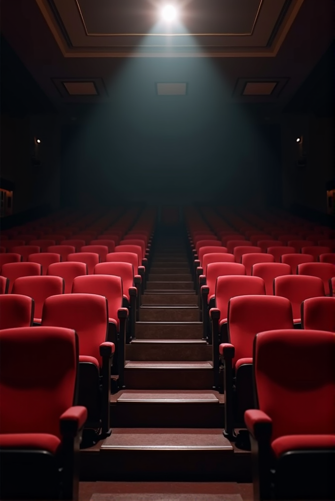 A theater with rows of red chairs and a light shining from above.