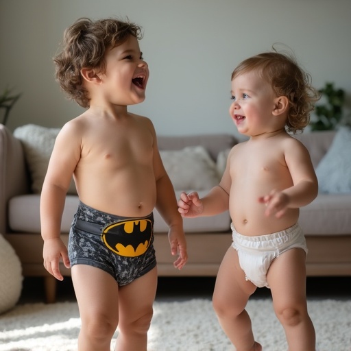 An adorable two-year-old boy wears Batman underwear while playing with his one-year-old sister in a diaper. Kids engaged in playful interaction in a cozy indoor setting.