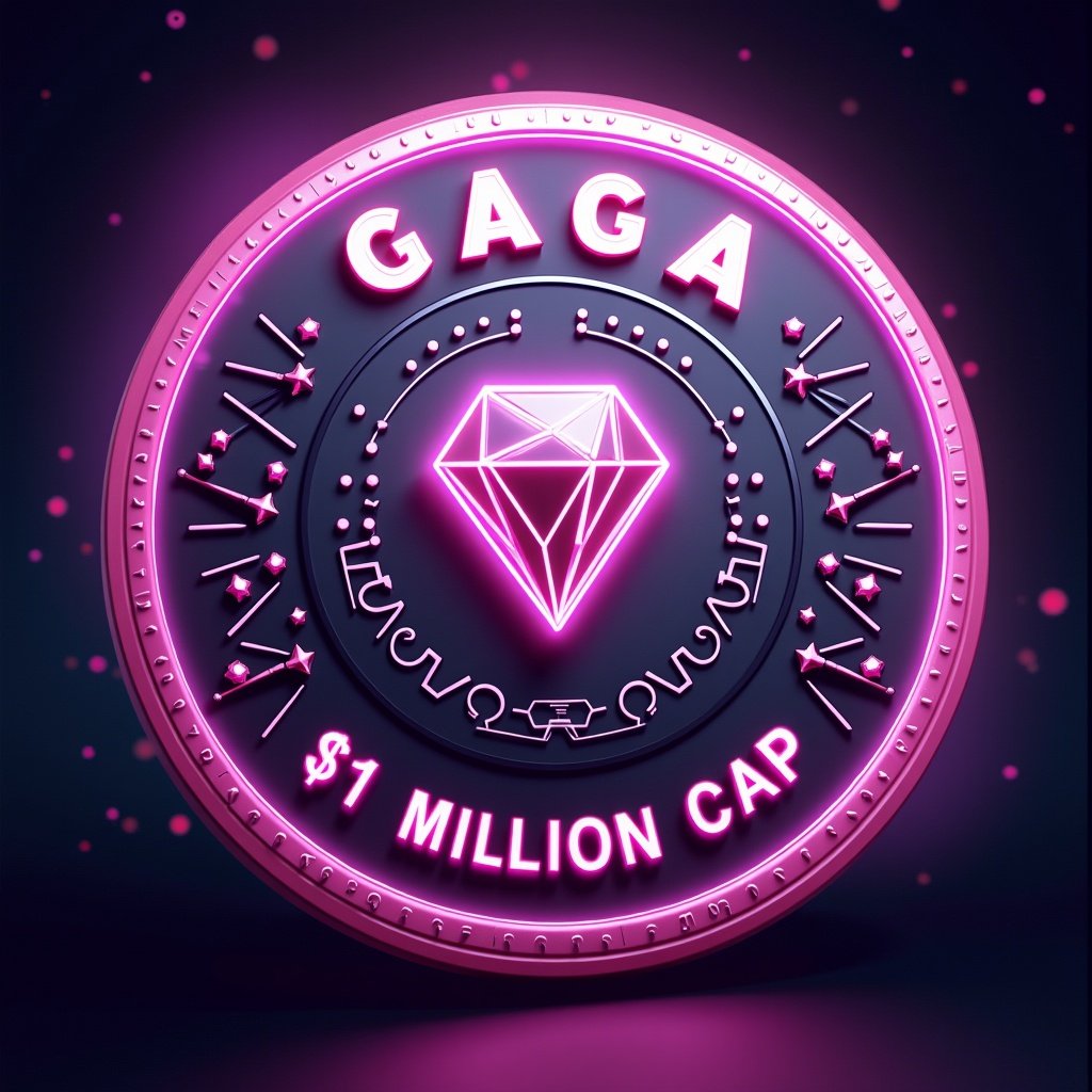 Imaginative depiction of a fictional GAGA Token created on the Solana blockchain. Features vibrant colors and striking designs reflecting the blockchain. Highlights $1 million market cap potential with engaging graphics.