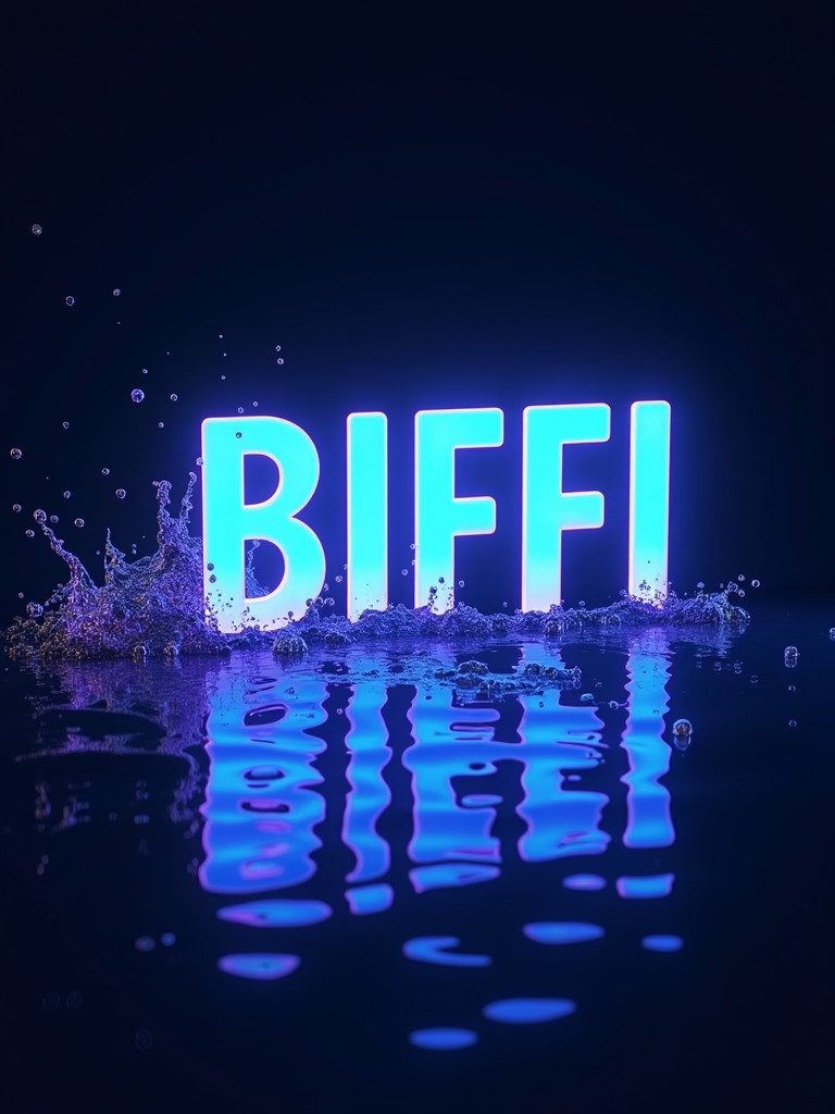 The 'BIFFI' logo appears in a dark fluid environment. The letters glow with electric blue and deep violet shades. Bubbles rise from the submerged letters. Ripples spread across the water's surface. The image combines elements of immersion and enigma.