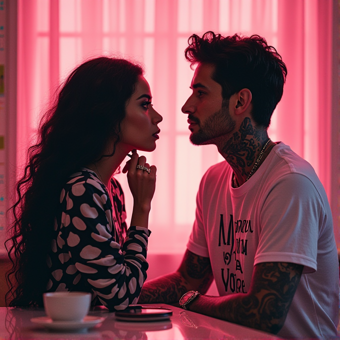 A couple sits intimately at a table, bathed in warm pink light, facing each other closely.