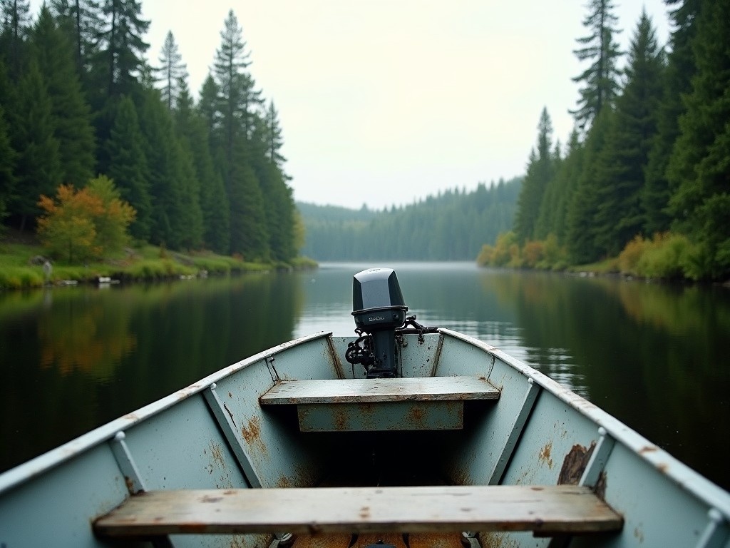 This image showcases a small tin boat equipped with an outboard motor. The boat is situated on the calm waters of a medium-sized river, surrounded by dense greenery indicative of Canadian woods. The perspective is from inside the boat, providing an inviting view of the serene landscape ahead. The soft light casts gentle reflections on the water, enhancing the tranquil atmosphere. This setting evokes a sense of adventure and connection with nature.