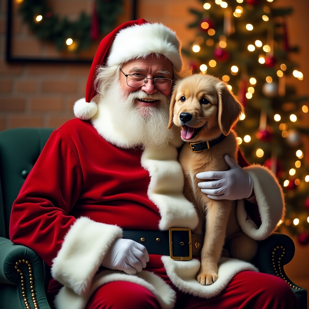 Santa Claus in a festive setting holding a golden retriever puppy with decorations and lights in the background