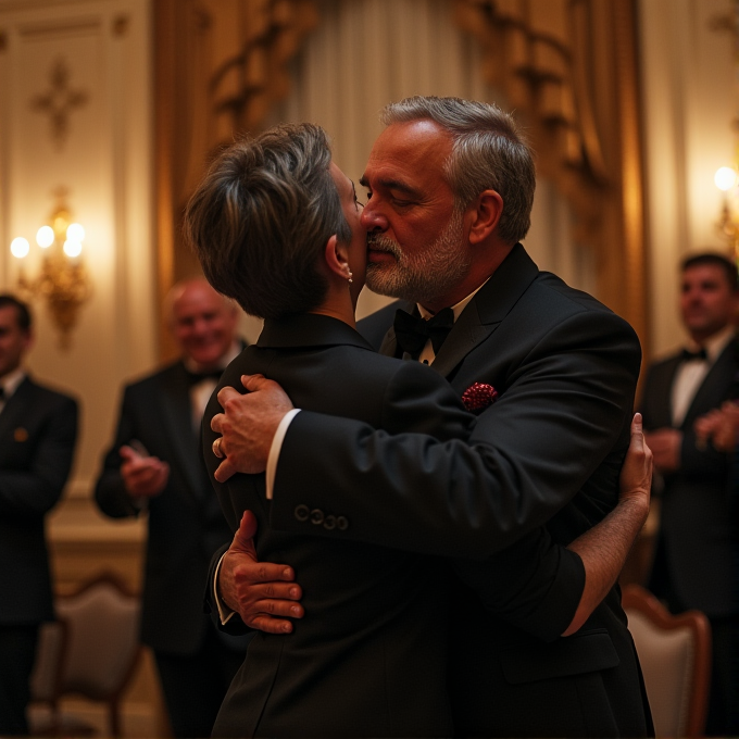 A couple in formal attire shares an intimate embrace in an opulent setting with ornate decorations and spectators.