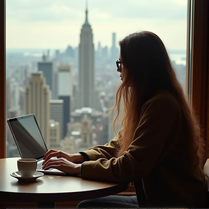 A woman works on a laptop near a window overlooking a cityscape with a prominent skyscraper.