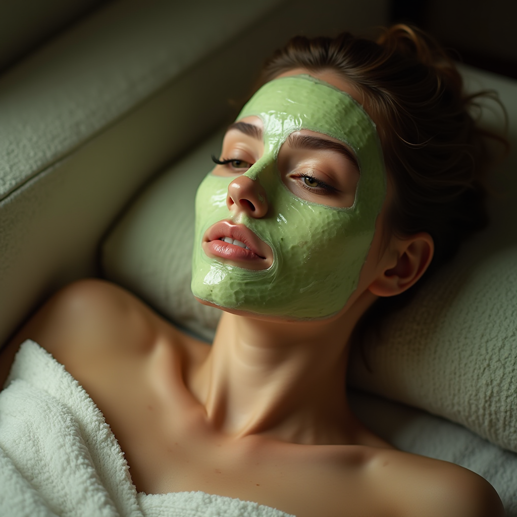 A person is relaxing with a green face mask, lying down, and wrapped in a towel.