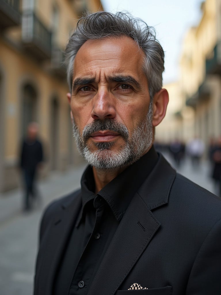 Man in black suit standing in an urban street. Background shows a blurred cityscape. Image captures confidence and style.